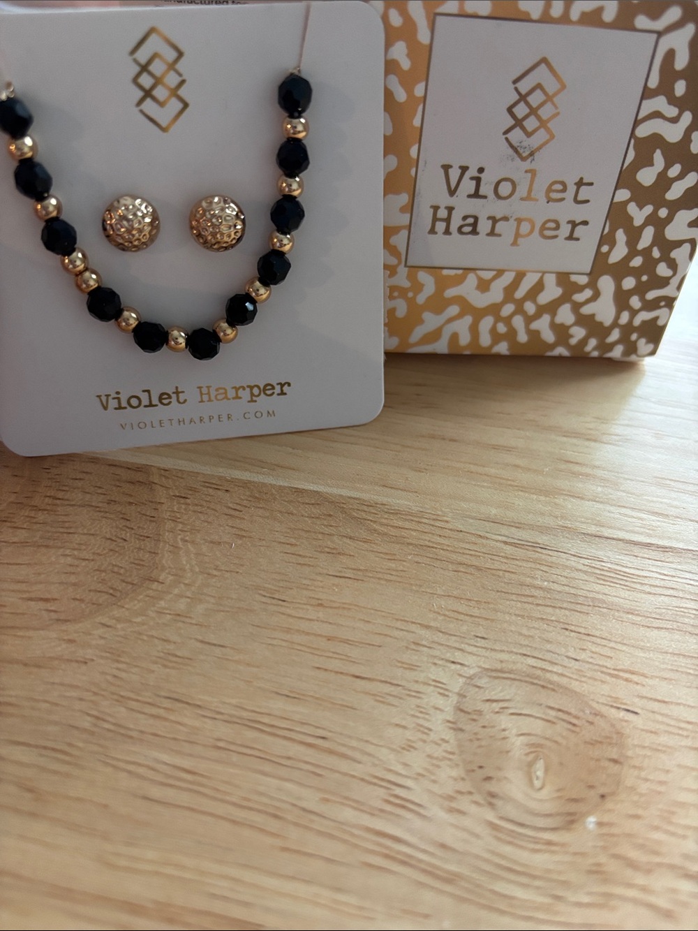 Black & Gold Beaded Necklace with Gold Stud Earrings